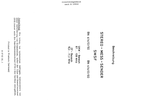 Stereo-Mess-Sender Signal Generator SMSF BN41410 /50 /60; Rohde & Schwarz, PTE (ID = 1746022) Equipment