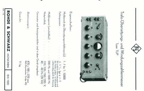 Trafo-Übersetzungs- und Windungszahlenmesser TUP BN 1920; Rohde & Schwarz, PTE (ID = 2564319) Equipment