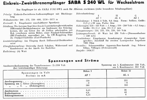 S-240WL 240WL; SABA; Villingen (ID = 3078060) Radio