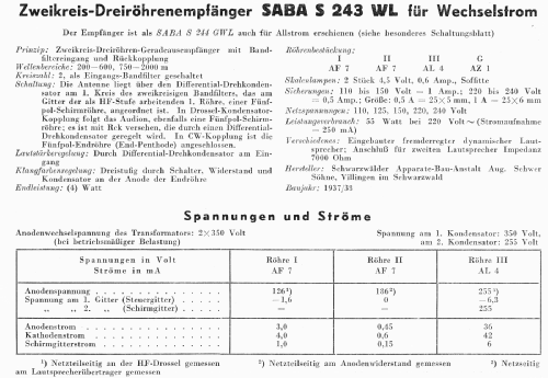 S-243WL 243WL; SABA; Villingen (ID = 3079468) Radio