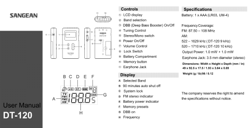 FM Stereo/AM Pocket Receiver DT-120; Sangean; Chung Ho (ID = 3029718) Radio