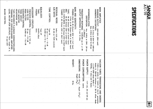 Stereophonic Amplifier AU-70; Sansui Electric Co., (ID = 2579407) Ampl/Mixer