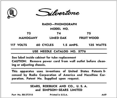 Silvertone 73 Order=57K 73N; Sears, Roebuck & Co. (ID = 3040384) Radio