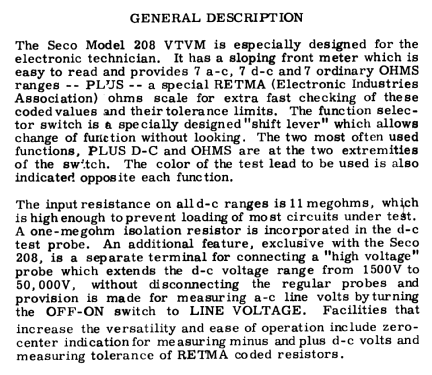Vacuum Tube Volt Meter 208; Seco Manufacturing (ID = 683134) Ausrüstung