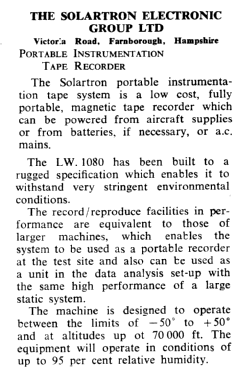 Portable Instrumentation Tape Recorder LW.1080; Solartron Laboratory (ID = 2729940) Sonido-V