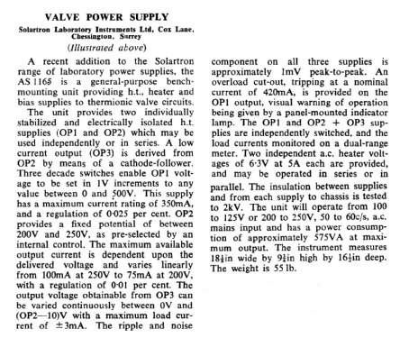Valve Power Supply AS 1165; Solartron Laboratory (ID = 2650271) Fuente-Al