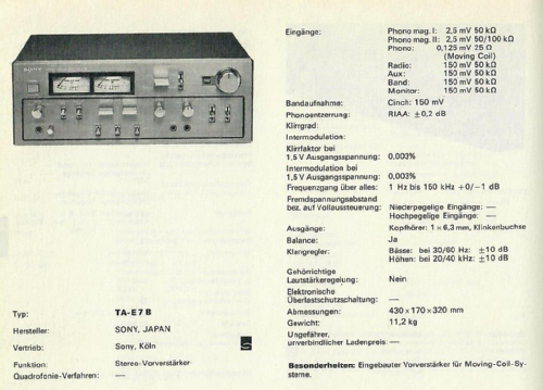 Stereo Preamplifier TA-E7B; Sony Corporation; (ID = 2807688) Ampl/Mixer