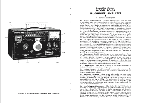 Tel-Ohmike - Capacitor Analyzer TO-6; Sprague Electric (ID = 1393790) Equipment