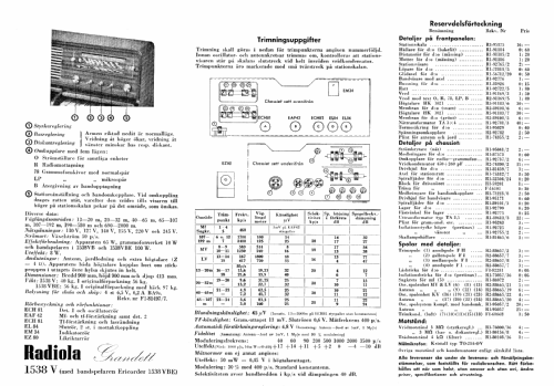 Radiola Grandett 1538V; SR, Svenska (ID = 343845) Radio