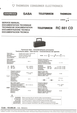 Portable Stereo CD / Radio Cassette Recorder RC 881 CD; Telefunken (ID = 2759300) Radio