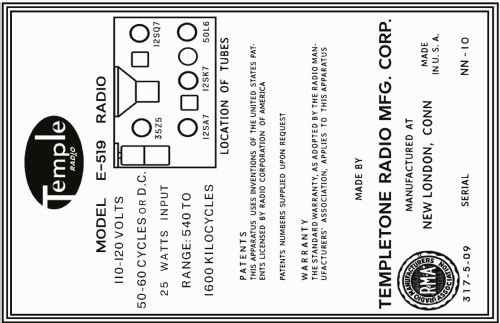 Temple E-519 ; Templetone Radio Mfg (ID = 3033338) Radio