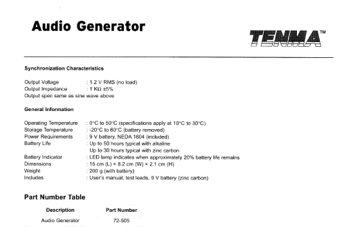 Audio Generator 72-505; Tenma; Centerville, (ID = 2061796) Equipment