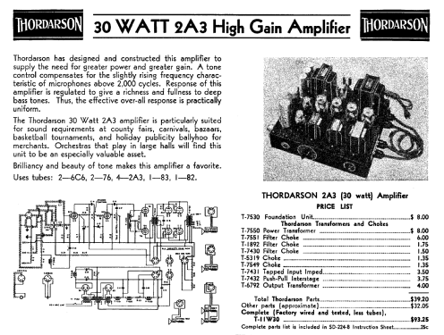 Amplifier 30 W 2A3 T-7530, T-11W30; Thordarson Electric (ID = 3034960) Ampl/Mixer