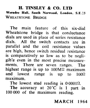 Wheatstone Bridge ; Tinsley & Co. Ltd., (ID = 2766696) Equipment