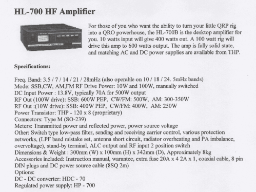 Solid State HF Band Linear Amplifier HL-700B; Tokyo Hy-Power Co., (ID = 3017250) Amateur-D