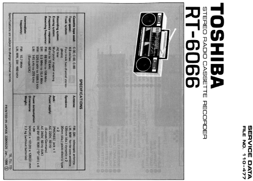 AM-FM Stereo Radio Cassette Recorder RT-6066; Toshiba Corporation; (ID = 1818547) Radio