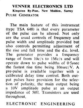 Pulse Generator TSA 648; Venner Electronics (ID = 2766711) Equipment