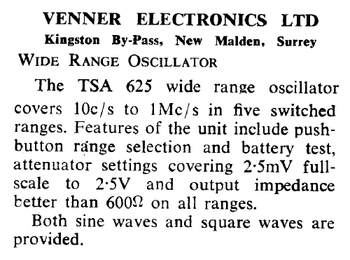 Wide Range Oscillator TSA 625; Venner Electronics (ID = 2881322) Equipment