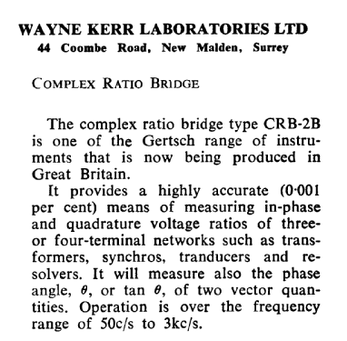 Complex Ratio Bridge CRB-2B; Wayne Kerr; New (ID = 2653134) Equipment