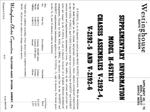 H-657K17 Ch= V-2192-5; Westinghouse El. & (ID = 1214383) Televisión