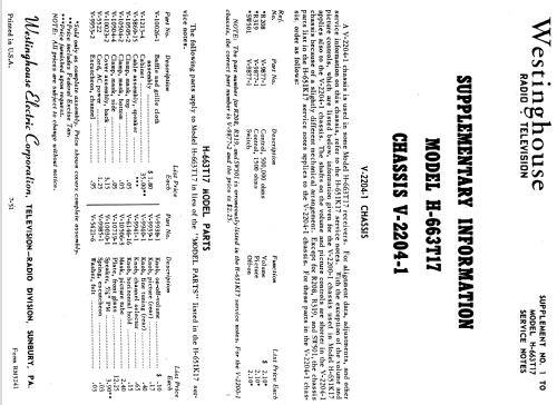 H-663T17 Ch= V-2192-2; Westinghouse El. & (ID = 1216646) Televisión