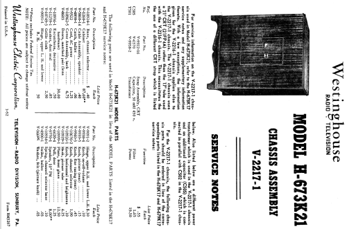 H-673K21 Ch= V-2217-1; Westinghouse El. & (ID = 1217487) Televisión