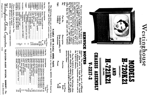 H-720K21 Ch= V-2217-2; Westinghouse El. & (ID = 1222760) Télévision