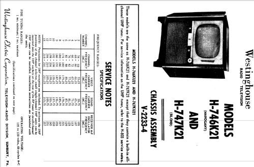 H-746KU21 Ch= V-2233-4; Westinghouse El. & (ID = 1223545) Television