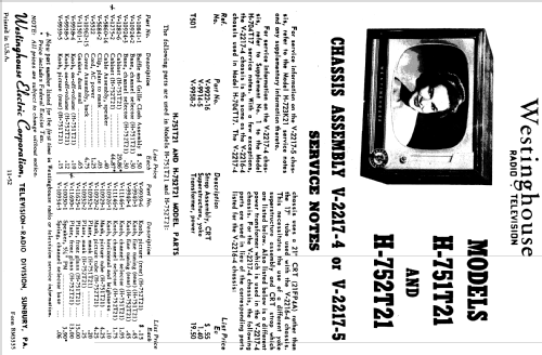 H-752T21 Ch= V-2233-2; Westinghouse El. & (ID = 1225820) Television