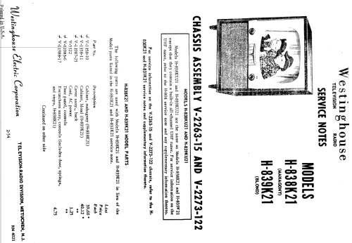 H-839K21 Ch= V-2263-15; Westinghouse El. & (ID = 1286069) Televisión