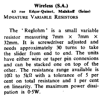 Reglohm Miniature Variable Resistors ; Wireless, A. Thomas; (ID = 2659997) Bauteil