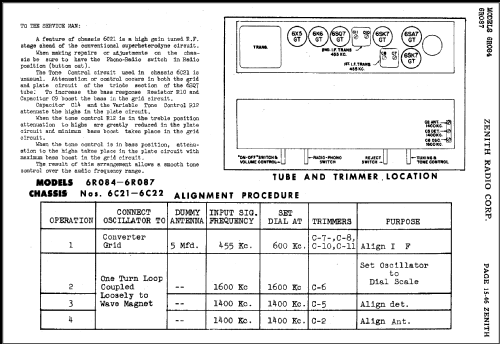 6R087 Conventional Ch= 6C22; Zenith Radio Corp.; (ID = 490358) Radio