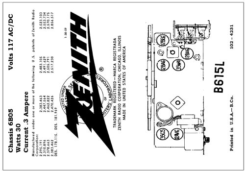 B615L Ch= 6B05; Zenith Radio Corp.; (ID = 3030907) Radio