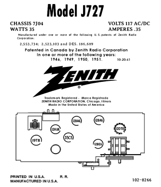 J727W Ch= 7J04; Zenith Radio Corp.; (ID = 3074296) Radio