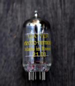 12AT7EH tube from Electro Harmonix, modern production of the ECC81/12AT7, made in Russia. The 12AT7EH tube is marked 2103 in yellow writing, ant its leg are markedly red.

I got this tube from a Leben RS30EQ RIAA, which had it premounted.